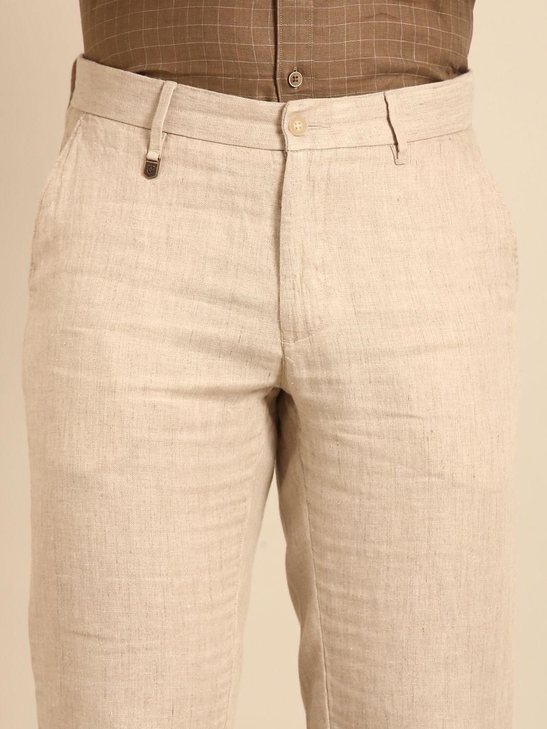 Linen Club Men's Pure Linen Natural Solid Contemporary Fit Casual Trouser