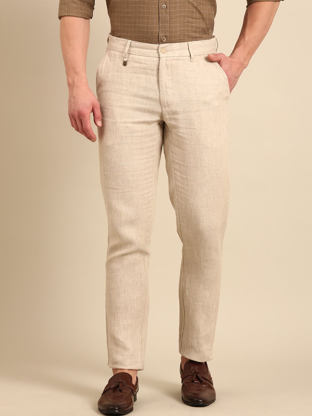 Linen Club Men's Pure Linen Natural Solid Contemporary Fit Casual Trouser