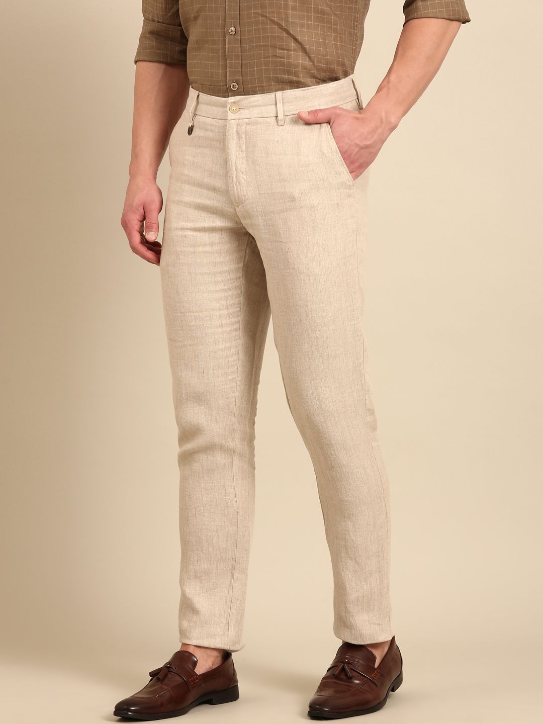 Linen Club Men's Pure Linen Natural Solid Contemporary Fit Casual Trouser