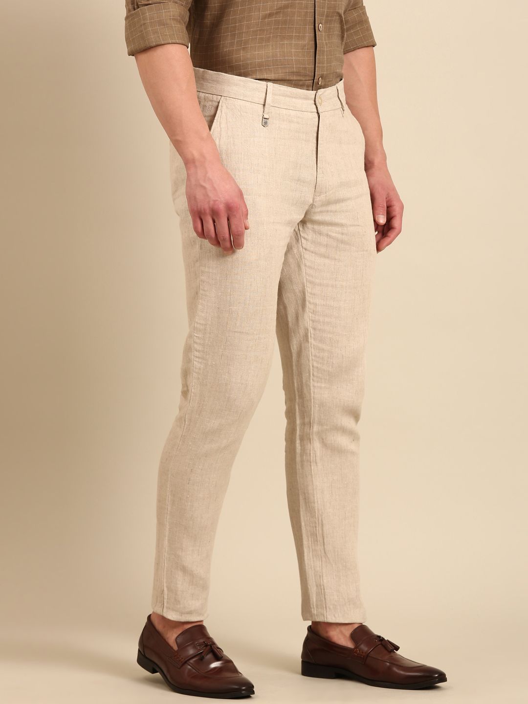 Linen Club Men's Pure Linen Natural Solid Contemporary Fit Casual Trouser