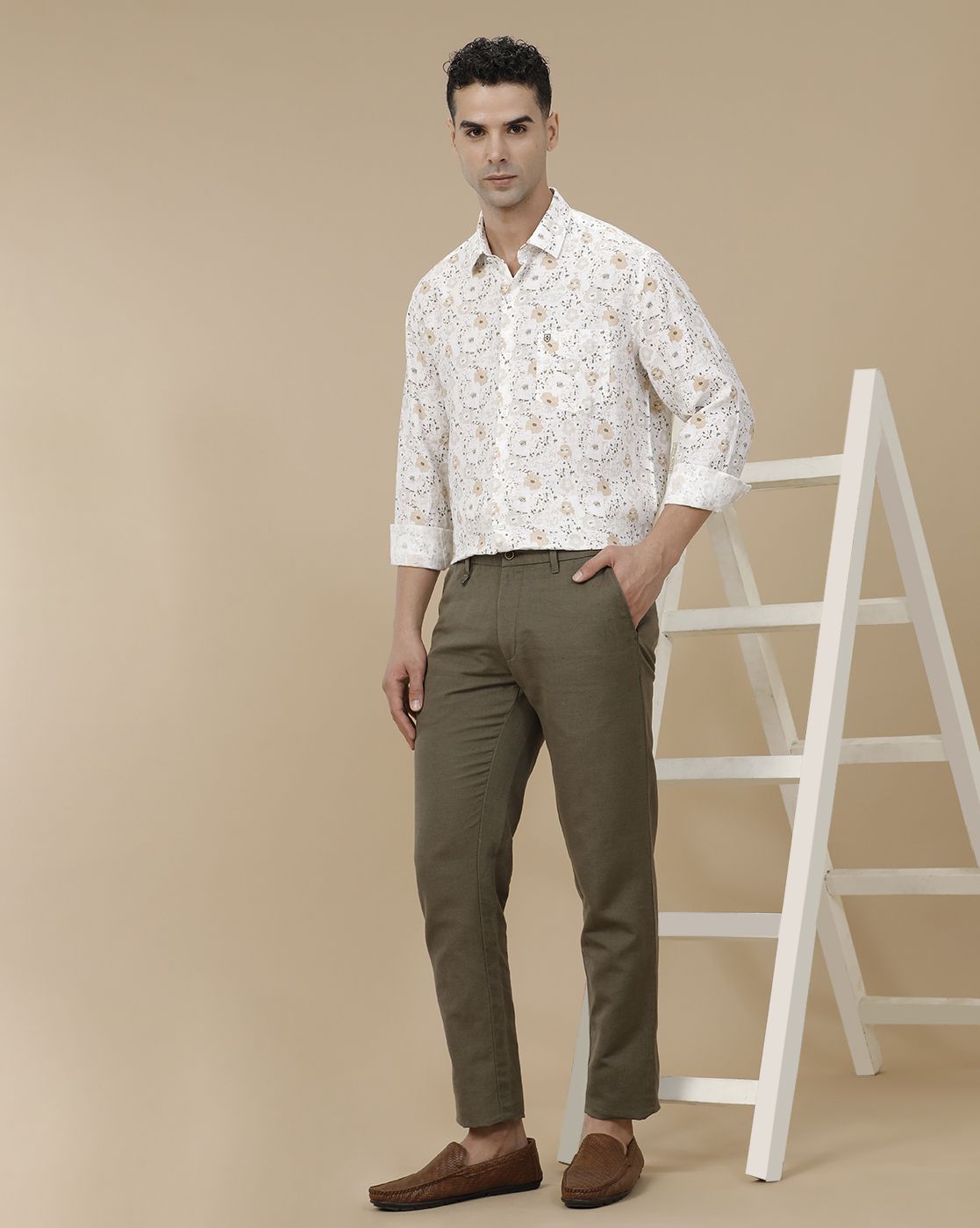 Linen Club Men's Linen Brown Solid Contemporary Fit Casual Trouser