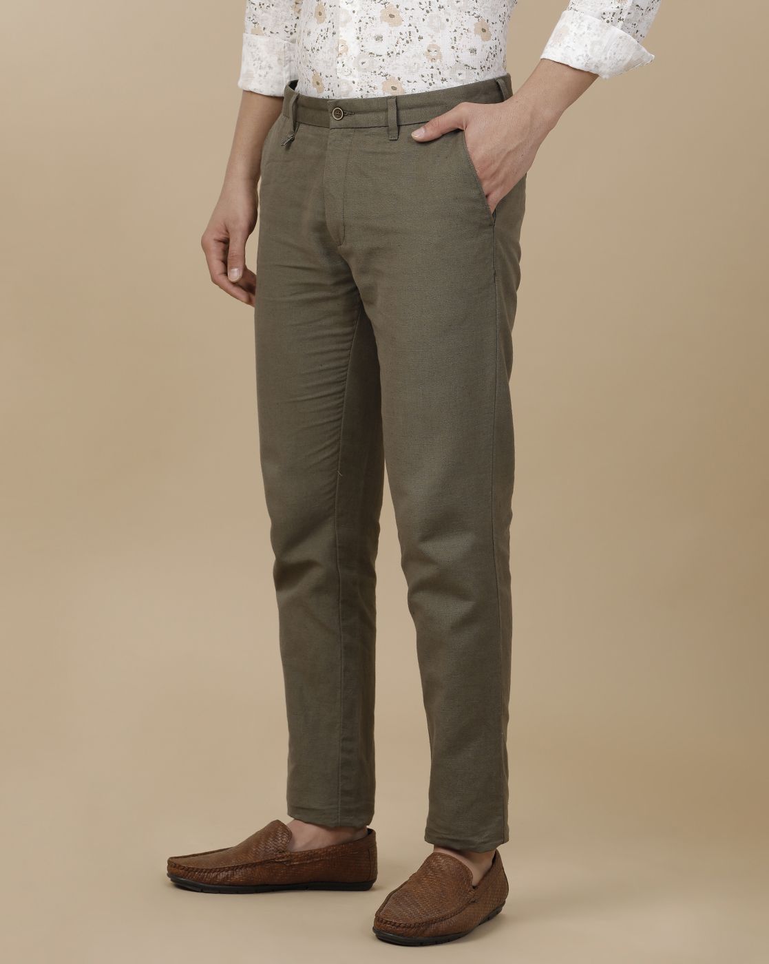 Linen Club Men's Linen Brown Solid Contemporary Fit Casual Trouser