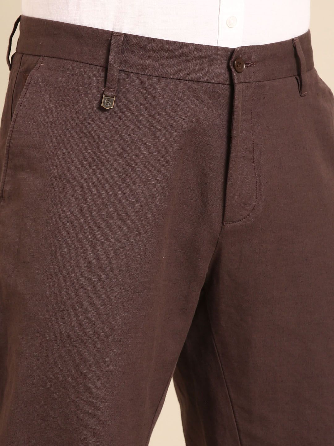 Linen Club Men's Linen Rich Brown Solid Contemporary Fit Casual Trouser