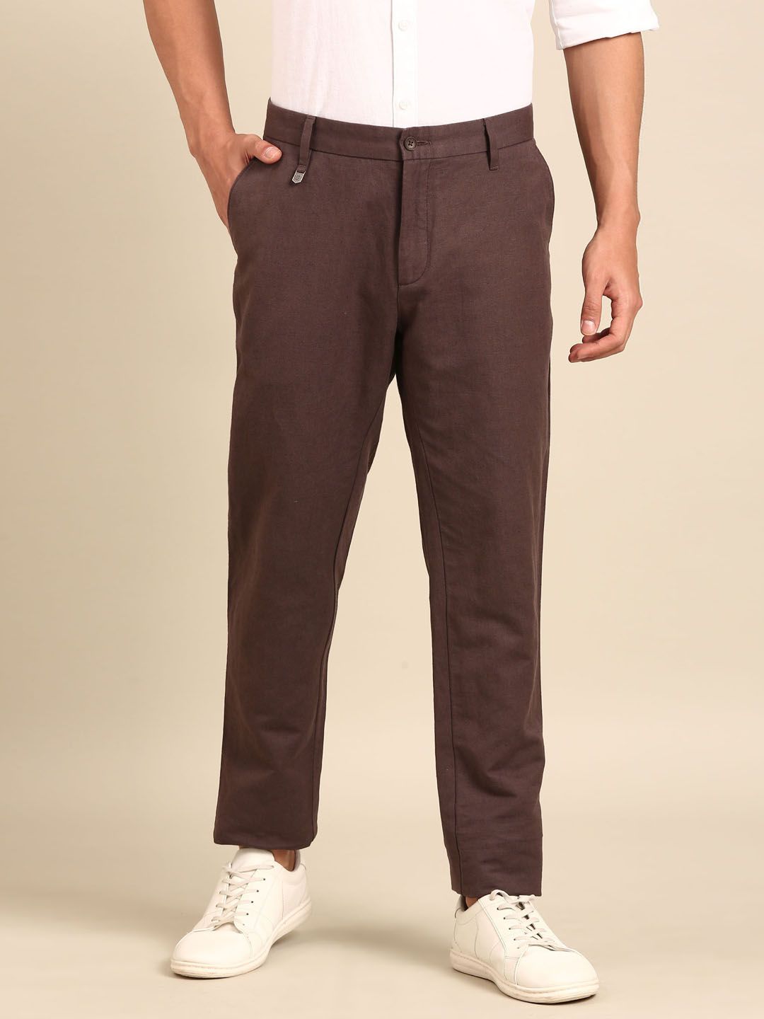 Linen Club Men's Linen Rich Brown Solid Contemporary Fit Casual Trouser