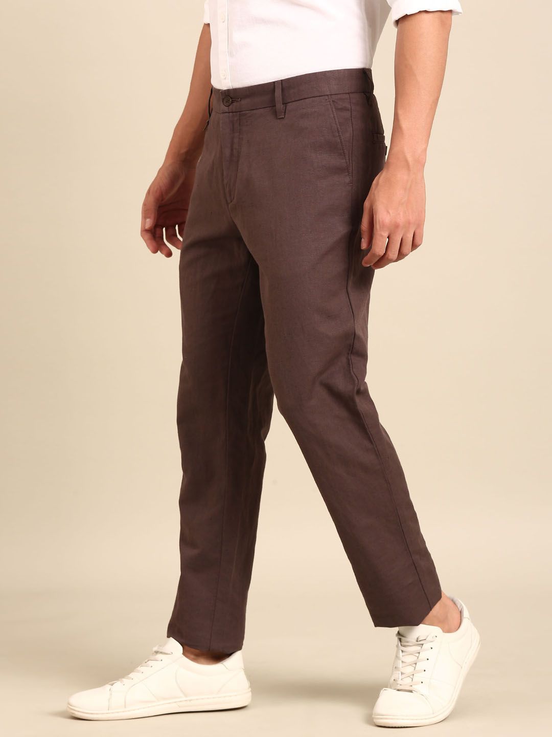 Linen Club Men's Linen Rich Brown Solid Contemporary Fit Casual Trouser