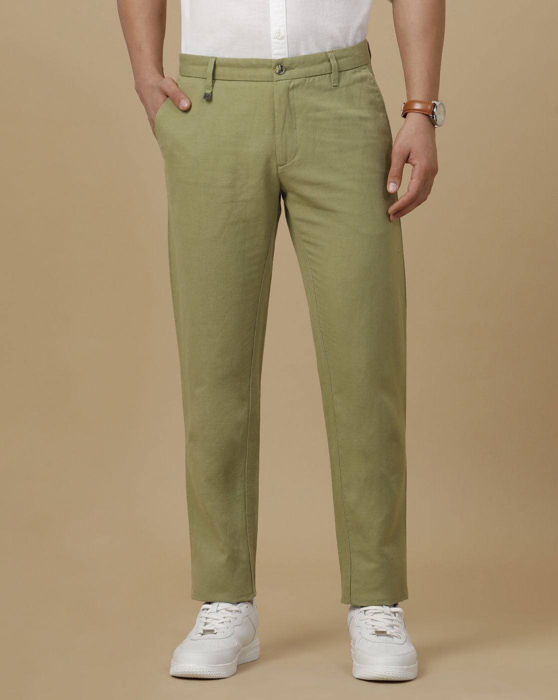 Linen Club Men's Linen Green Solid Contemporary Fit Casual Trouser