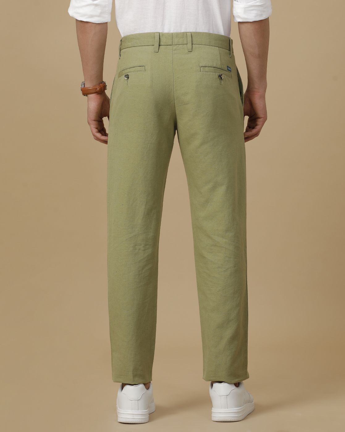 Linen Club Men's Linen Green Solid Contemporary Fit Casual Trouser