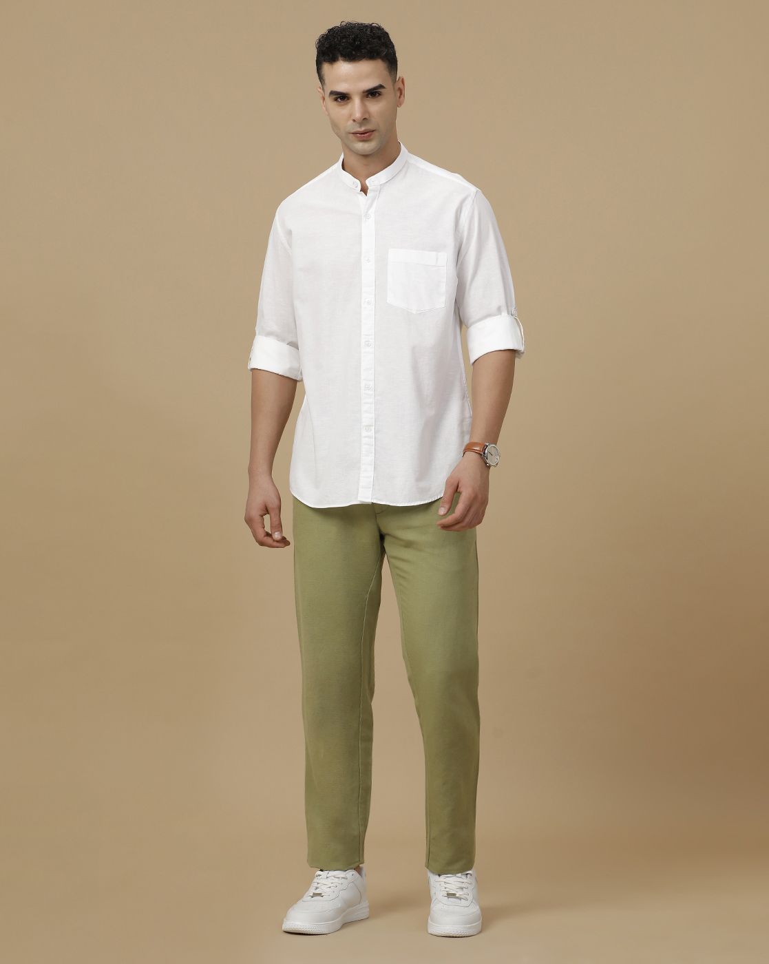 Linen Club Men's Linen Green Solid Contemporary Fit Casual Trouser