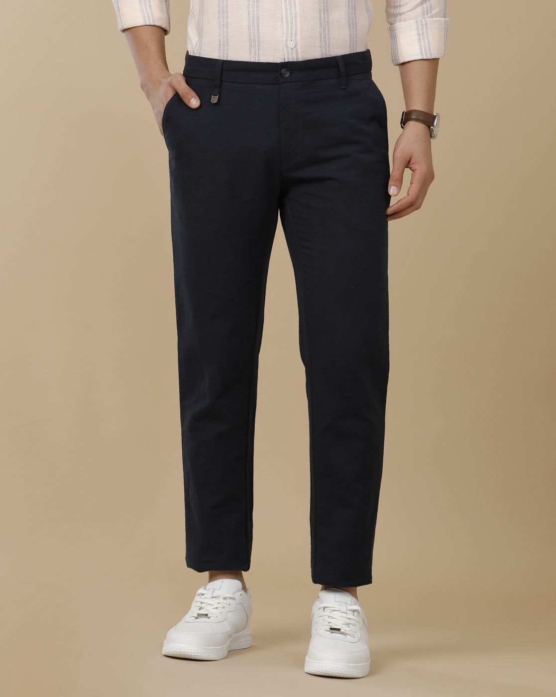 Linen Club Men's Linen Navy Blue Solid Contemporary Fit Casual Trouser
