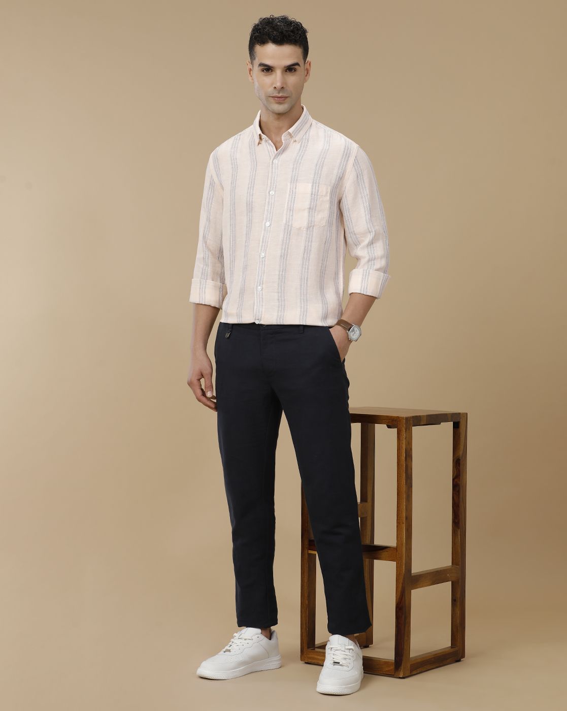 Linen Club Men's Linen Navy Blue Solid Contemporary Fit Casual Trouser