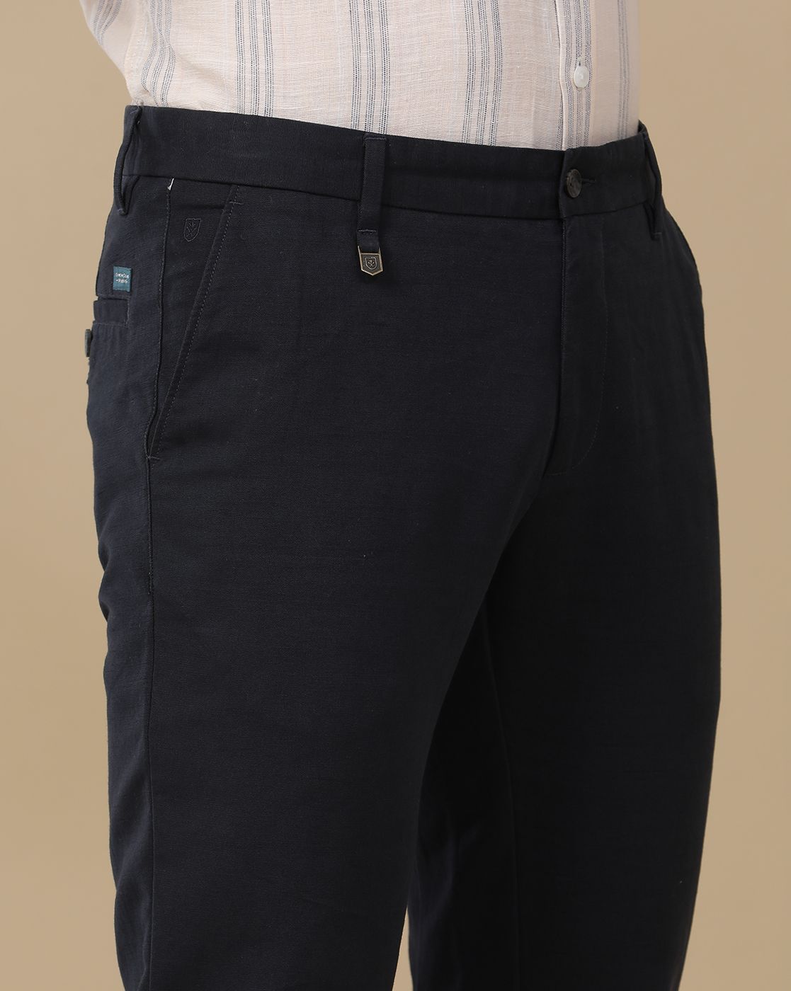 Linen Club Men's Linen Navy Blue Solid Contemporary Fit Casual Trouser