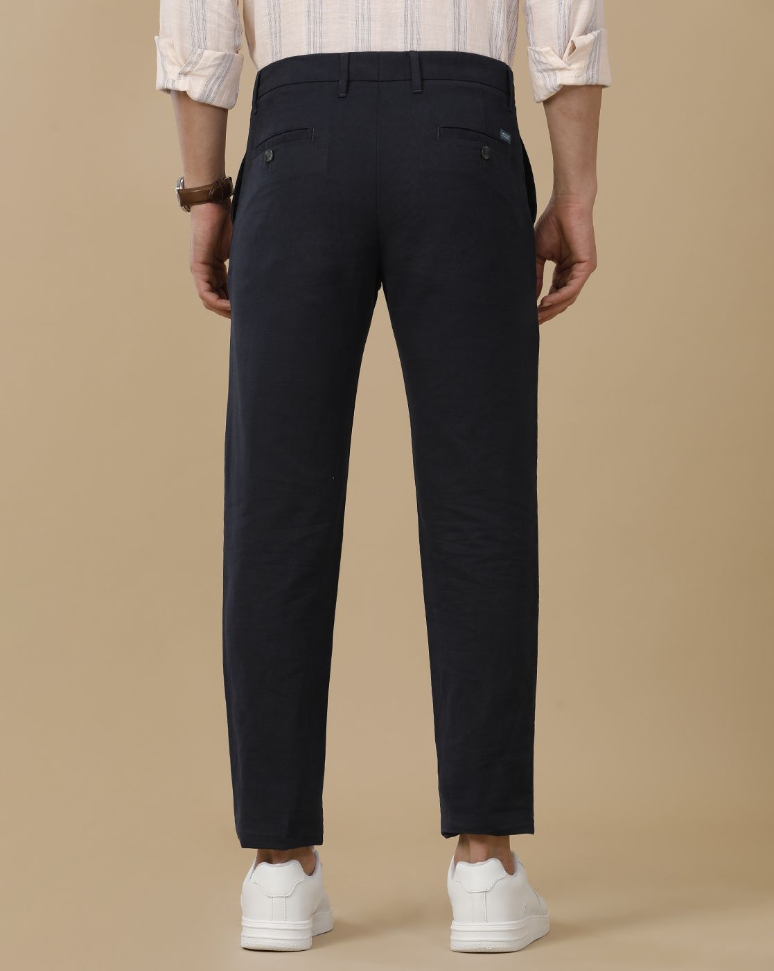 Linen Club Men's Linen Navy Blue Solid Contemporary Fit Casual Trouser