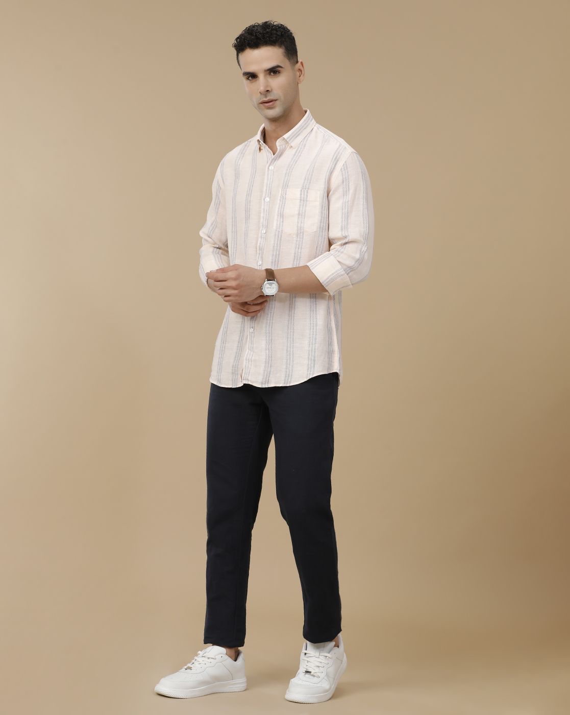 Linen Club Men's Linen Navy Blue Solid Contemporary Fit Casual Trouser
