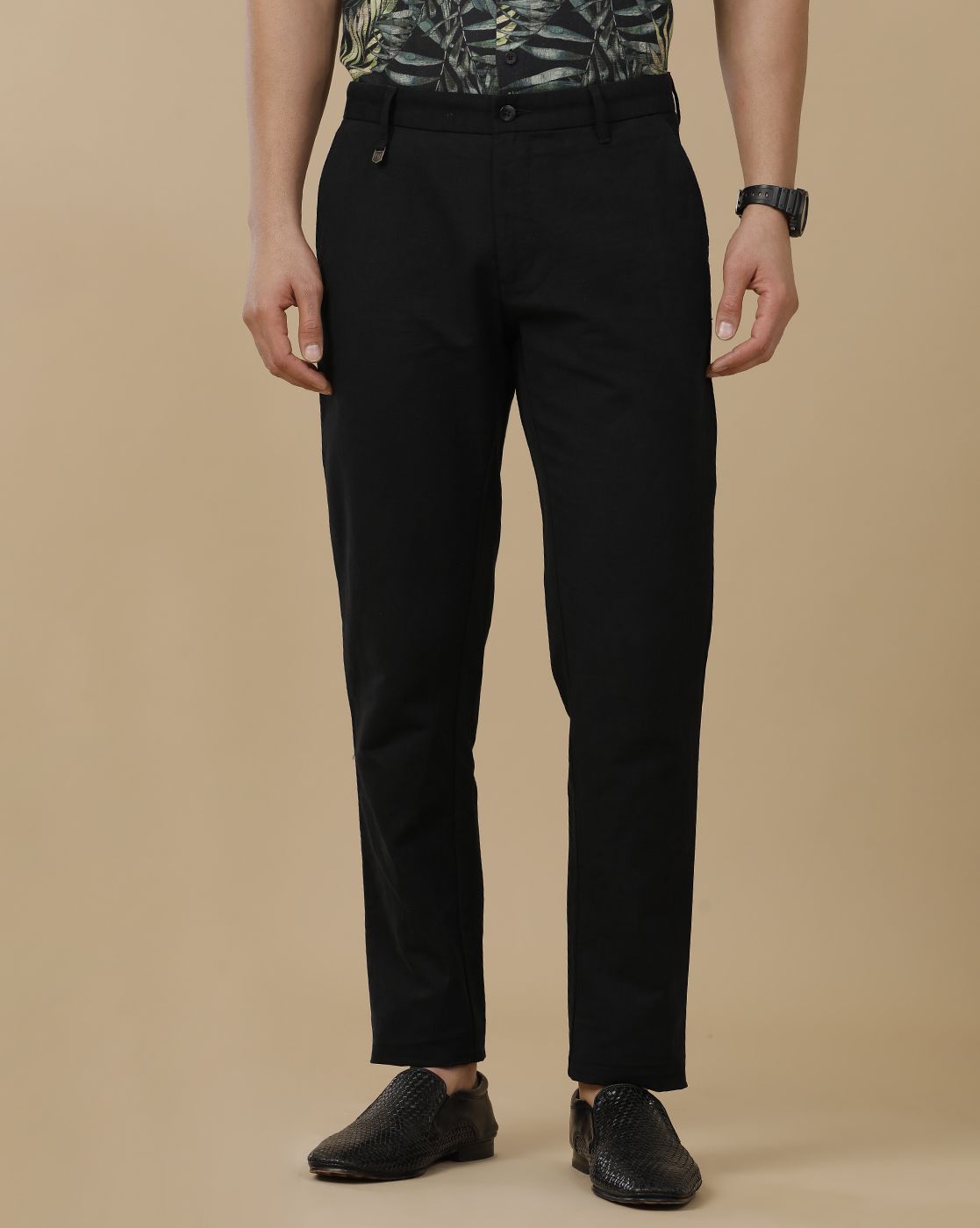 Linen Club Men's Linen Black Solid Contemporary Fit Casual Trouser