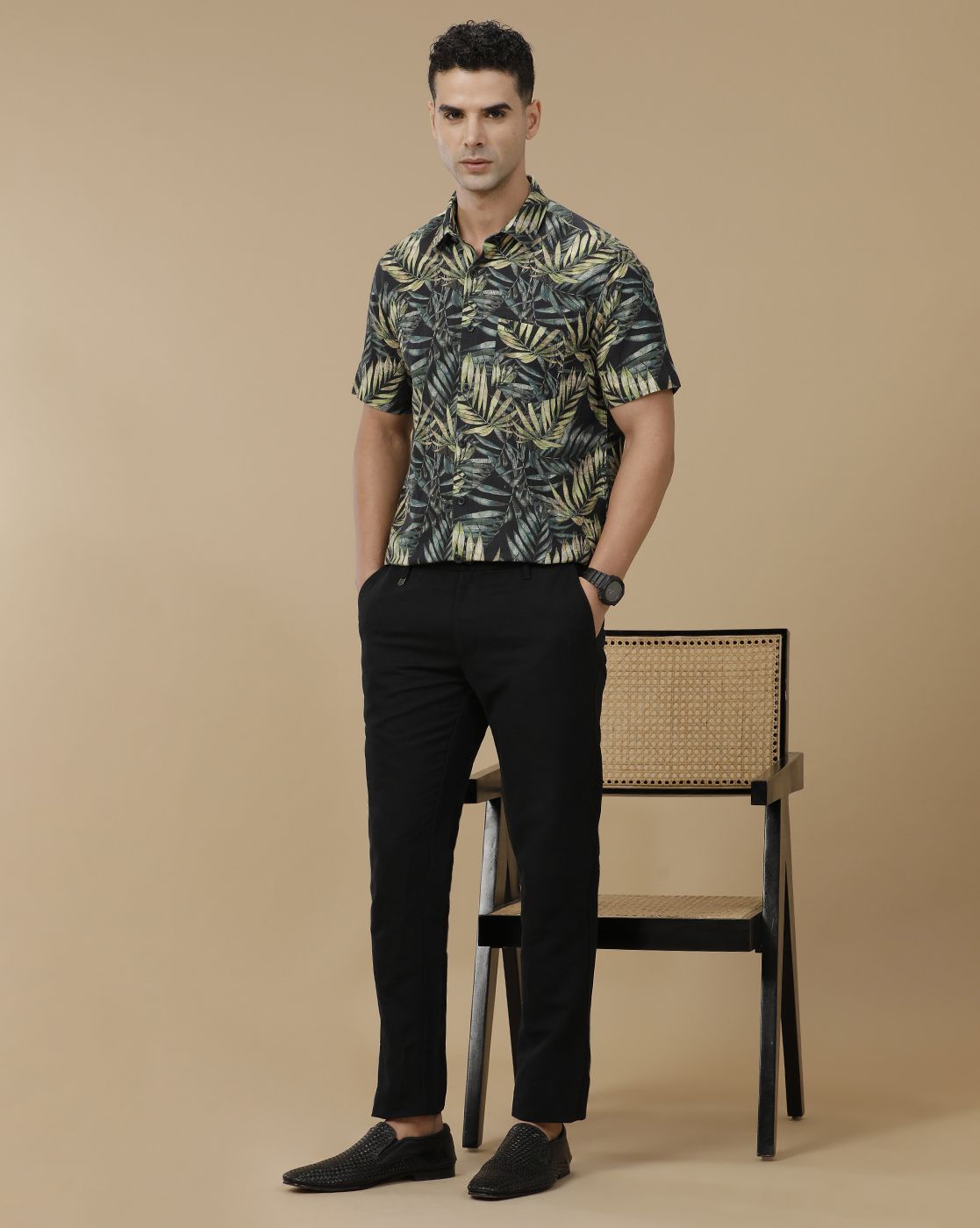 Linen Club Men's Linen Black Solid Contemporary Fit Casual Trouser