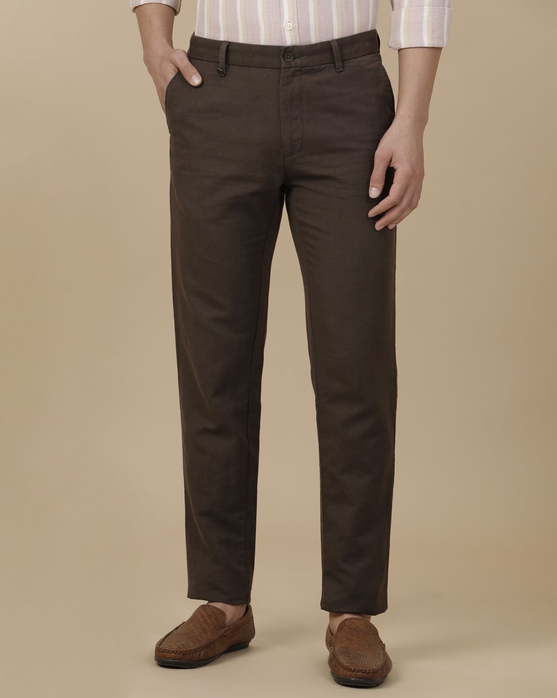 Linen Club Men's Linen Brown Solid Contemporary Fit Casual Trouser