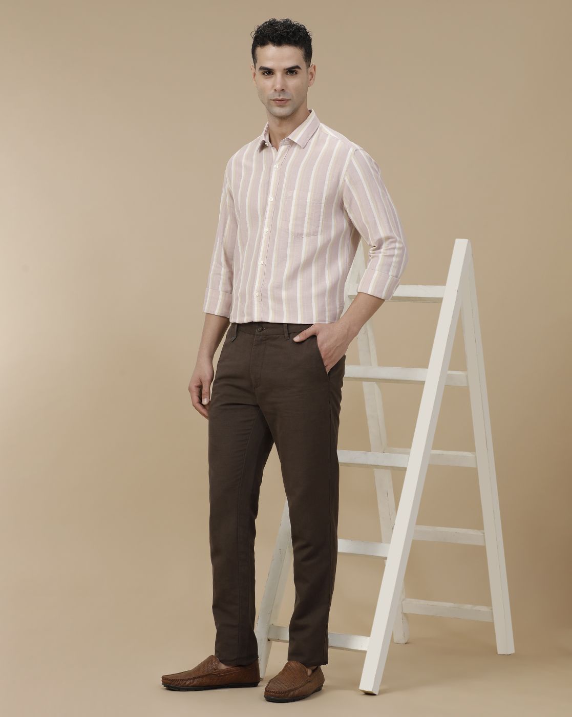 Linen Club Men's Linen Brown Solid Contemporary Fit Casual Trouser