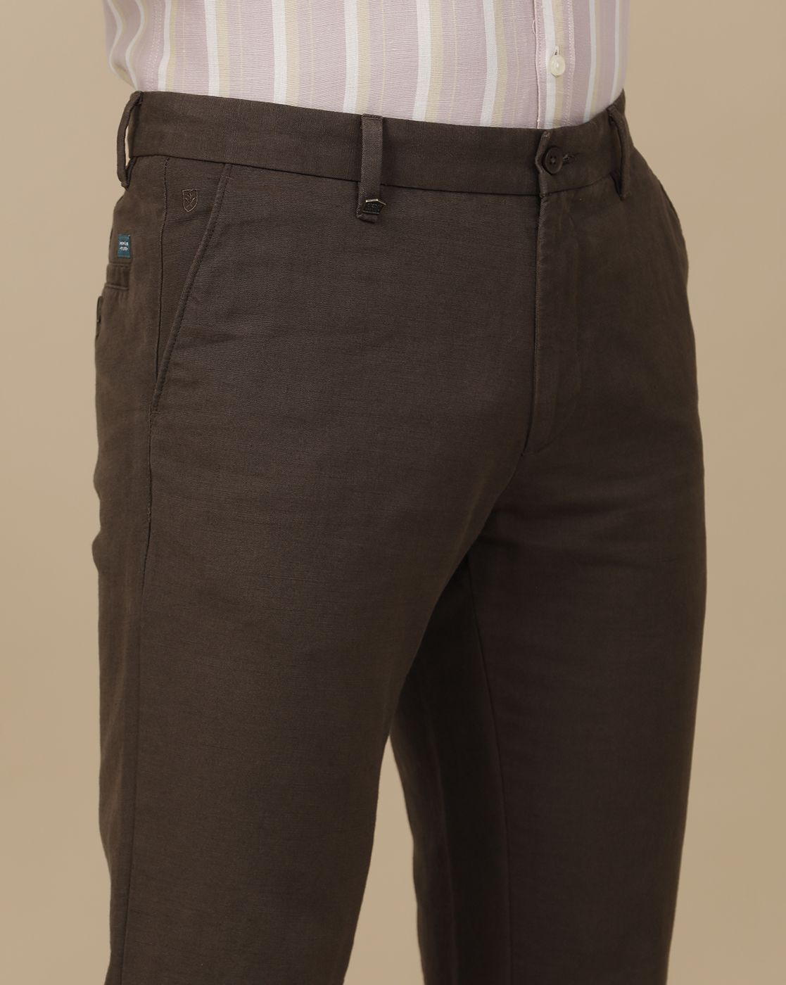 Linen Club Men's Linen Brown Solid Contemporary Fit Casual Trouser