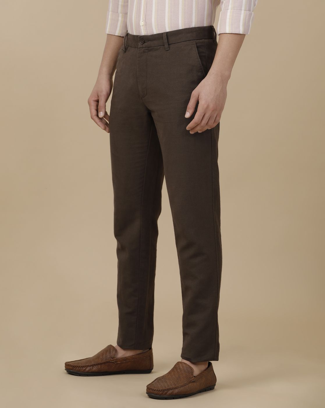 Linen Club Men's Linen Brown Solid Contemporary Fit Casual Trouser
