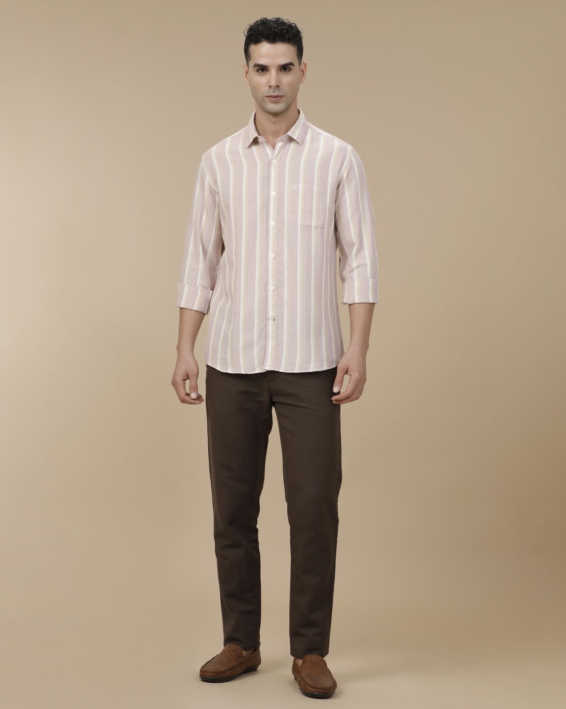Linen Club Men's Linen Brown Solid Contemporary Fit Casual Trouser