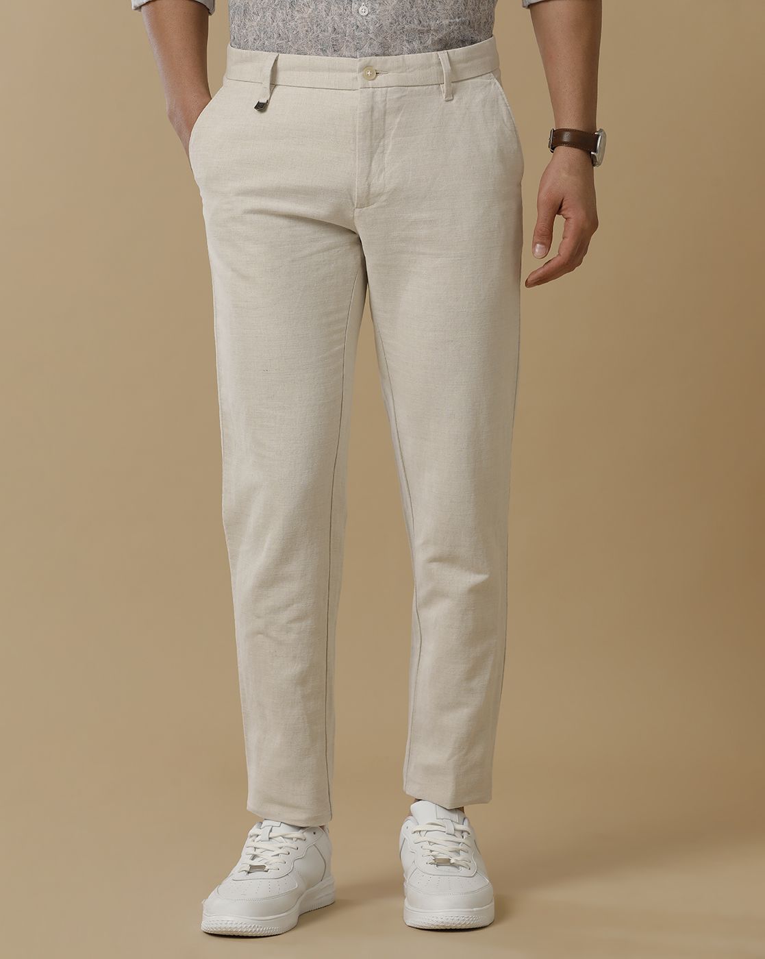 Linen Club Men's Linen Beige Solid Contemporary Fit Casual Trouser