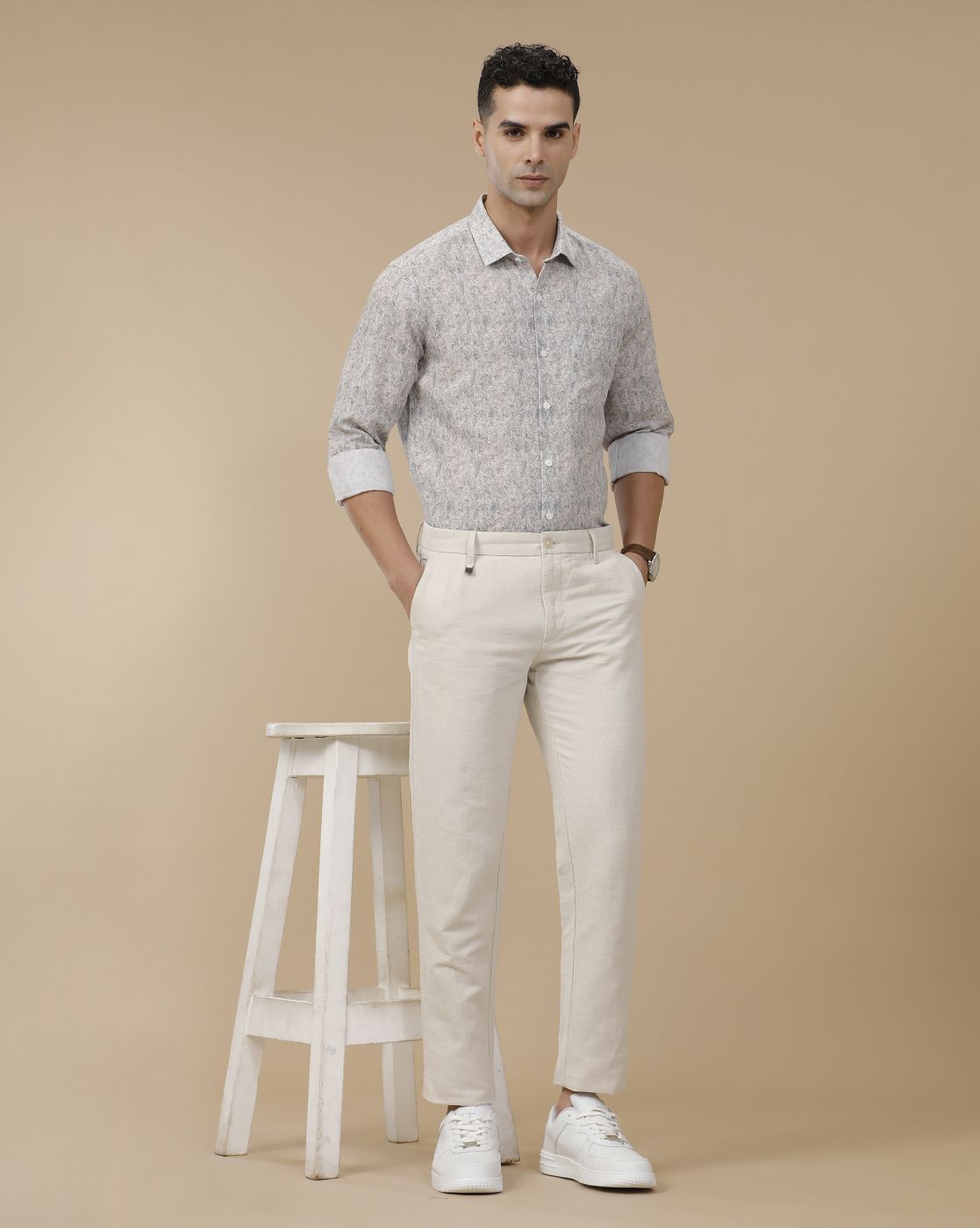 Linen Club Men's Linen Beige Solid Contemporary Fit Casual Trouser