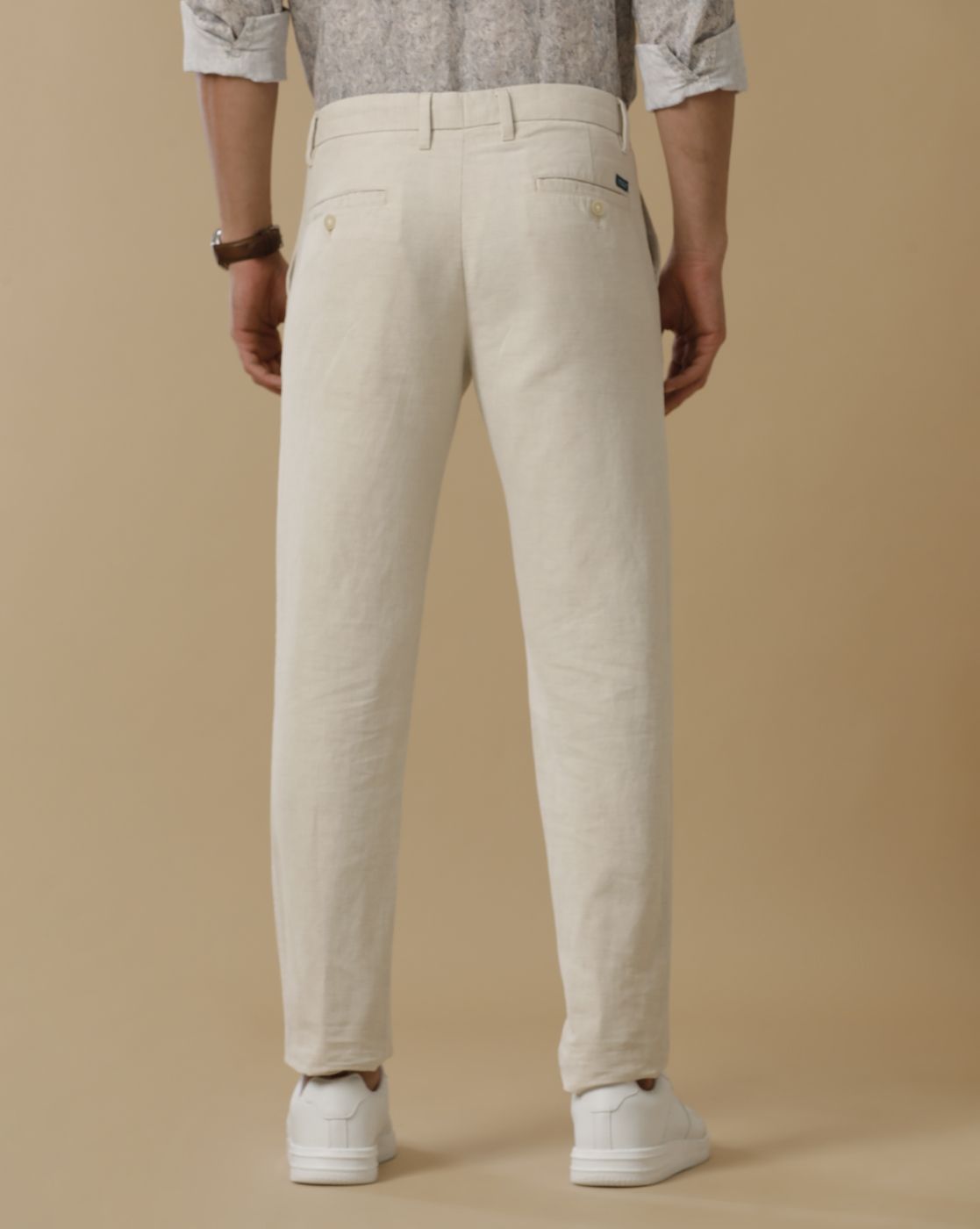 Linen Club Men's Linen Beige Solid Contemporary Fit Casual Trouser