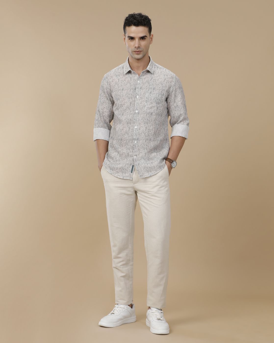Linen Club Men's Linen Beige Solid Contemporary Fit Casual Trouser