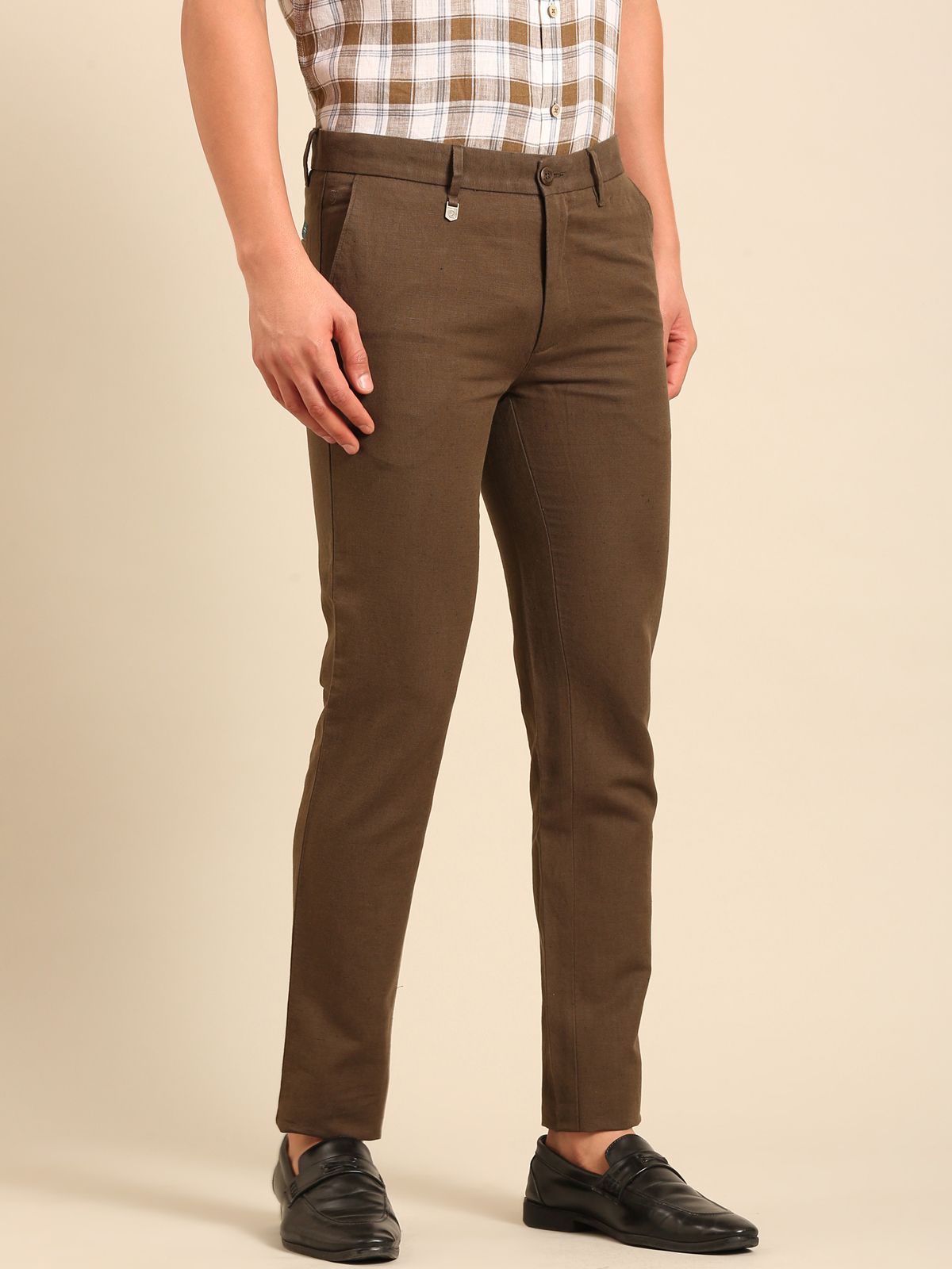 Linen Club Men's Linen Olive Solid Regular Fit Casual Trouser LCTRSDB914577