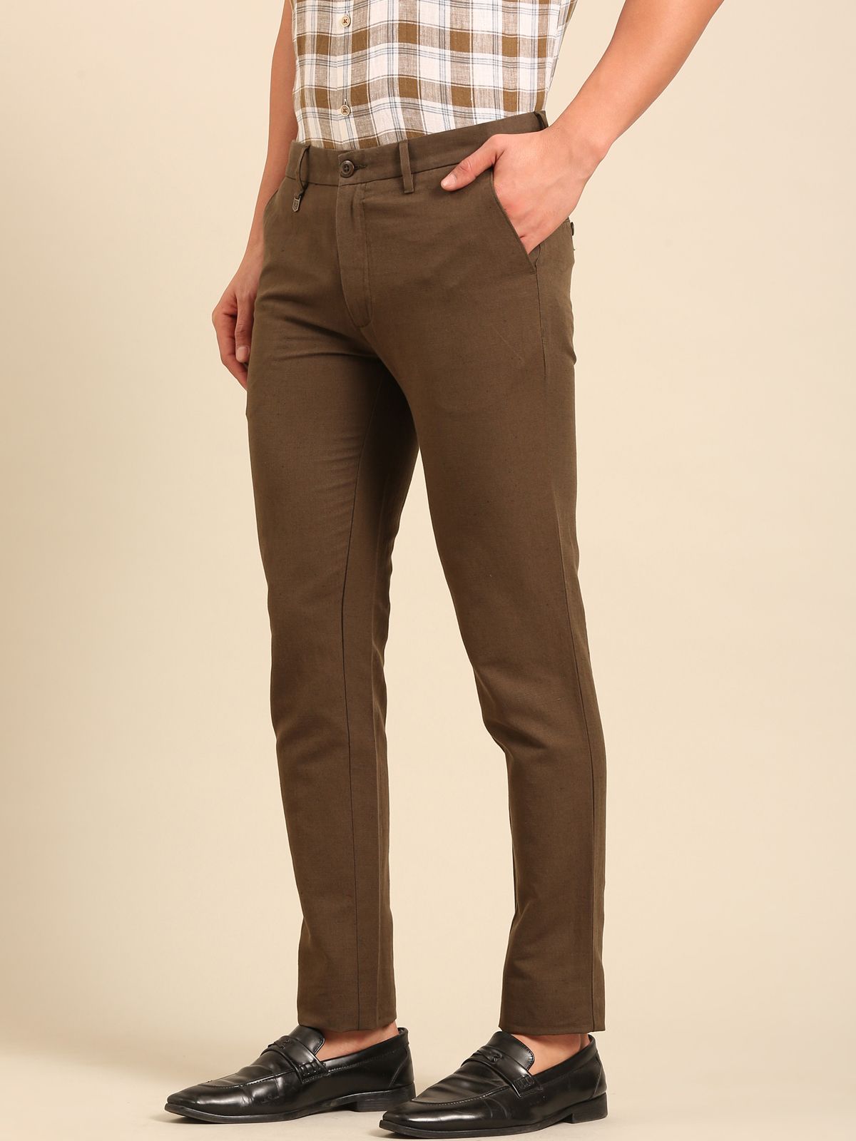 Linen Club Men's Linen Olive Solid Regular Fit Casual Trouser LCTRSDB914577