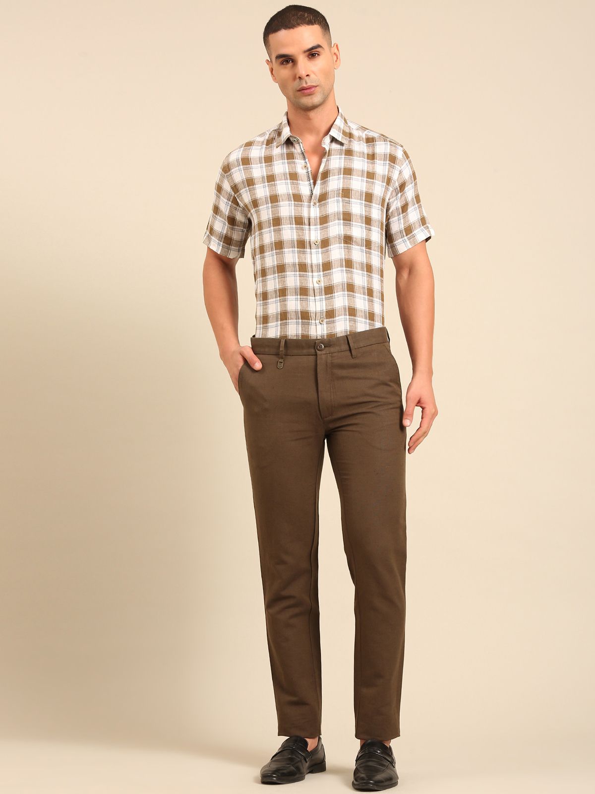 Linen Club Men's Linen Olive Solid Regular Fit Casual Trouser LCTRSDB914577