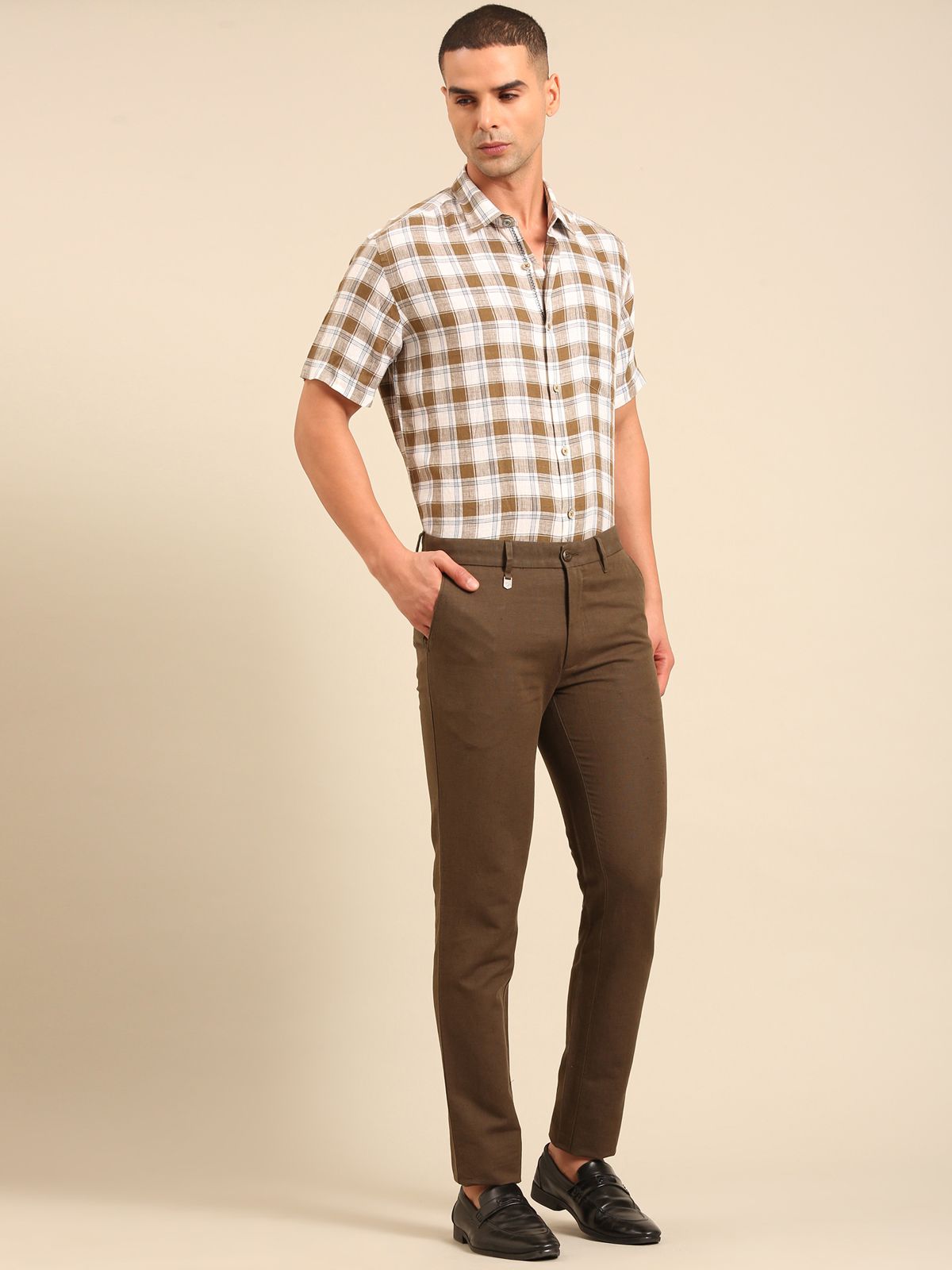 Linen Club Men's Linen Olive Solid Regular Fit Casual Trouser LCTRSDB914577