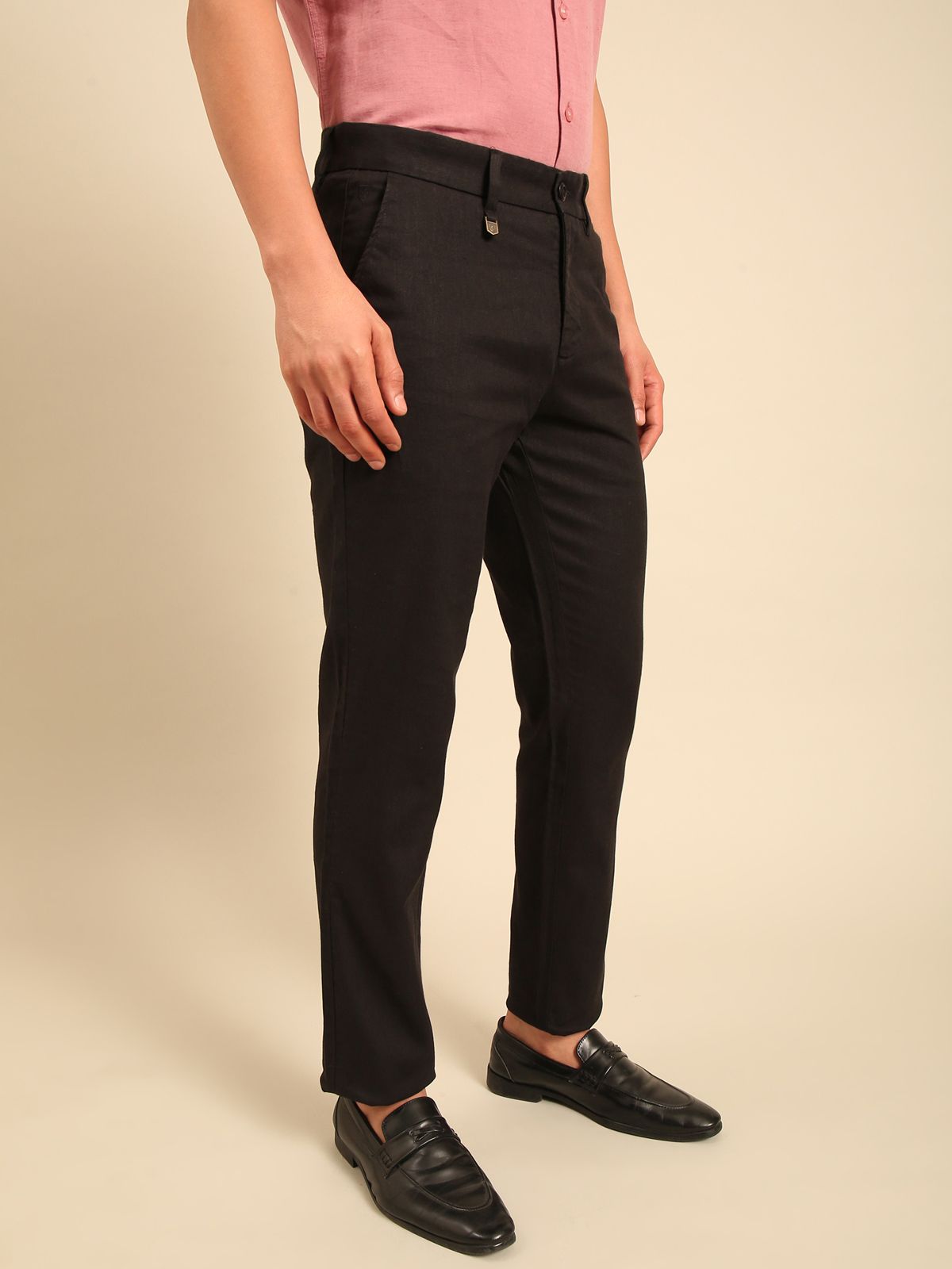 Linen Club Men's Linen Black Solid Regular Fit Casual Trouser LCTRSDB914838