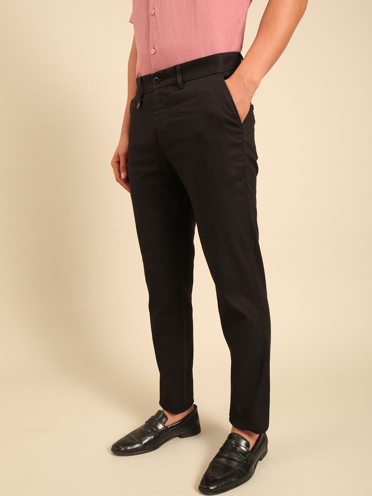 Linen Club Men's Linen Black Solid Regular Fit Casual Trouser LCTRSDB914838