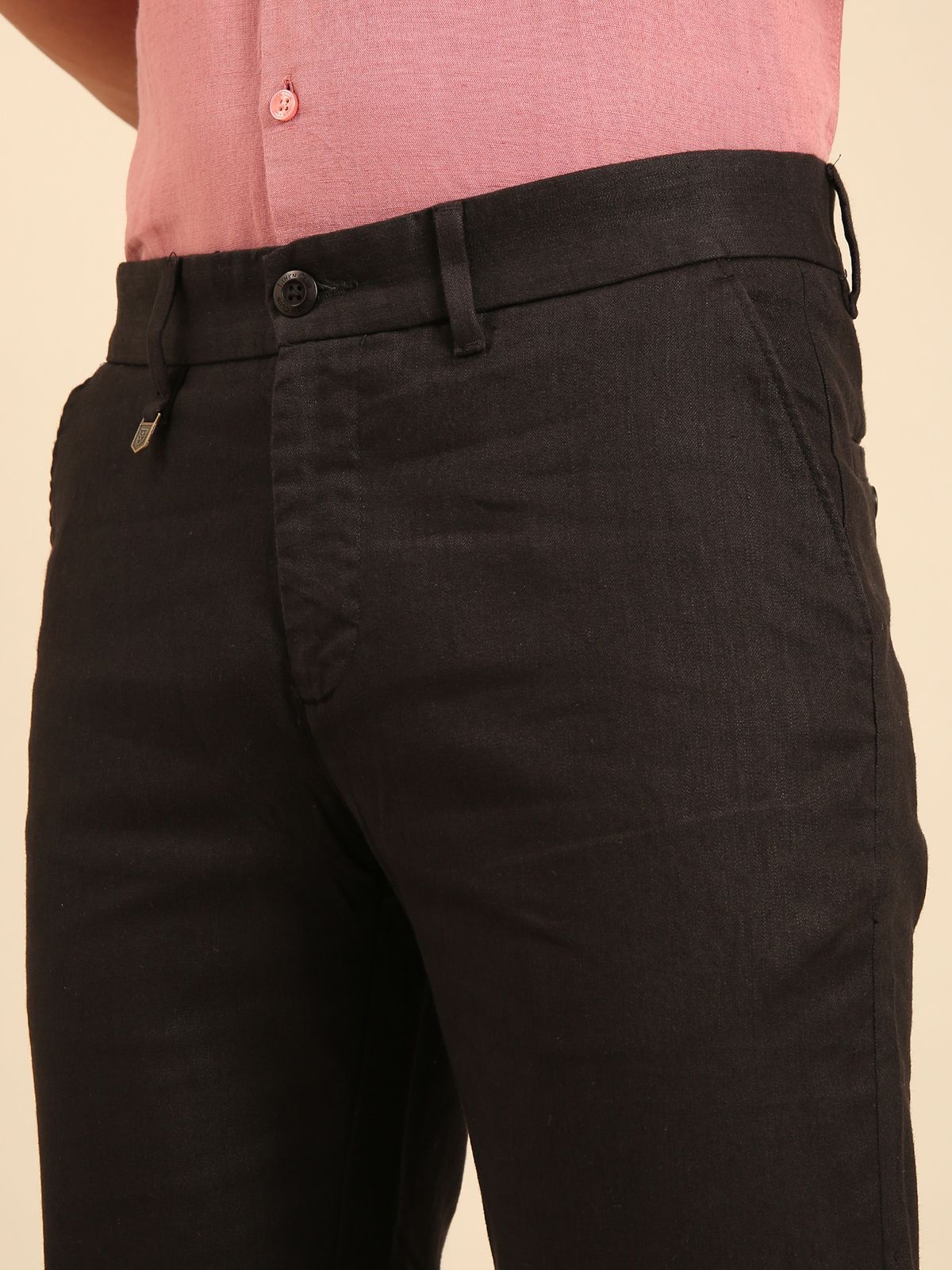 Linen Club Men's Linen Black Solid Regular Fit Casual Trouser LCTRSDB914838