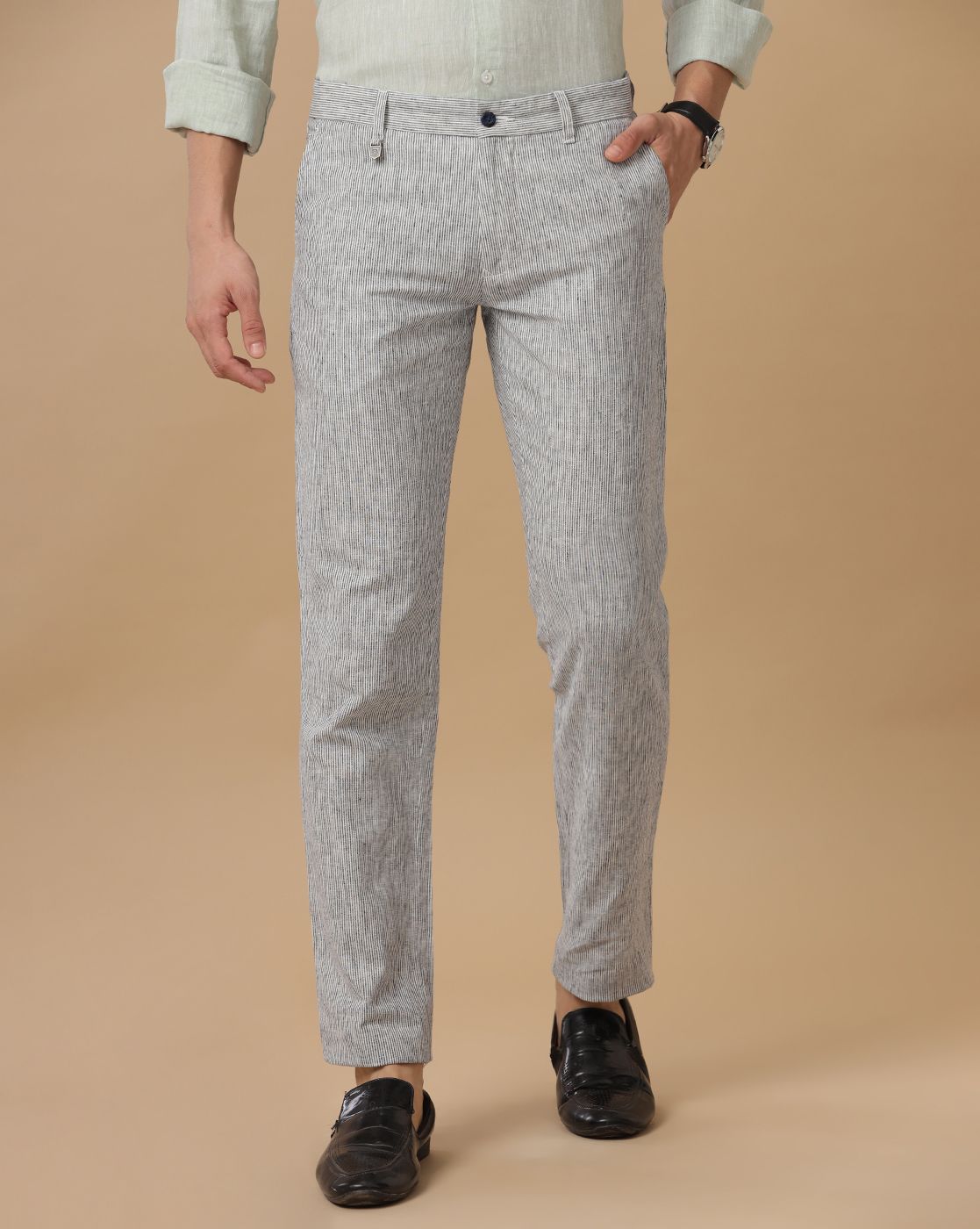 Linen Club Linen Rich Grey Navy Striped Casual Trouser For Men