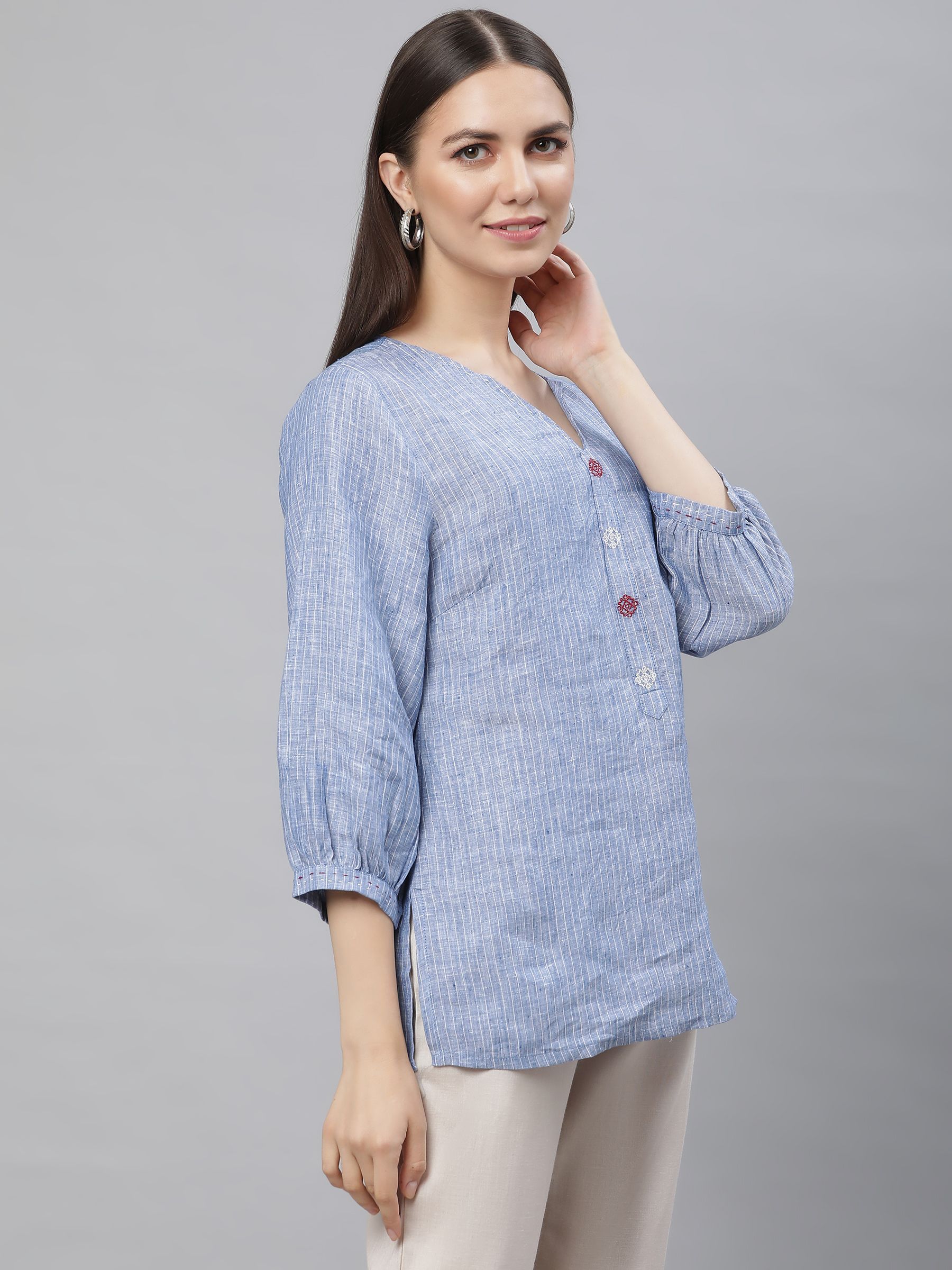 Soft Surroundings Women's XS Button top Up Striped Linen Tunic Top Long Sleeve Blue