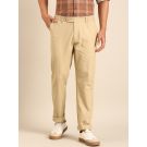 CAVALLO by Linen Club Men's Blended Linen Beige Solid Contemporary Fit Casual Trouser