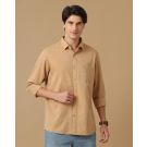 Men's Blended Linen Brown Chambray Contemporary Fit Full Sleeve Casual Shirt