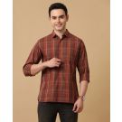 Men's Blended Linen Brown Checked Contemporary Fit Full Sleeve Casual Shirt