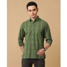 Men's Blended Linen Green Checked Contemporary Fit Full Sleeve Casual Shirt