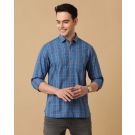 Men's Blended Linen Blue Checked Contemporary Fit Full Sleeve Casual Shirt