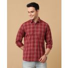 Men's Blended Linen Maroon Checked Contemporary Fit Full Sleeve Casual Shirt