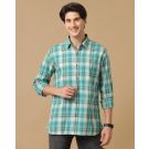 Men's Blended Linen Green Checked Contemporary Fit Full Sleeve Casual Shirt