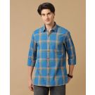 Men's Blended Linen Blue Checked Contemporary Fit Full Sleeve Casual Shirt