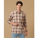 Men's Blended Linen Brown Checked Contemporary Fit Full Sleeve Casual Shirt