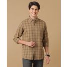 Men's Blended Linen Brown Checked Contemporary Fit Full Sleeve Casual Shirt
