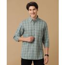 Men's Blended Linen Green Checked Contemporary Fit Full Sleeve Casual Shirt