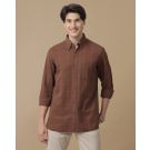 Men's Blended Linen Brown Checked Contemporary Fit Full Sleeve Casual Shirt