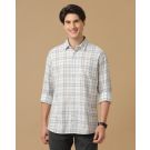 Men's Blended Linen White Checked Contemporary Fit Full Sleeve Casual Shirt